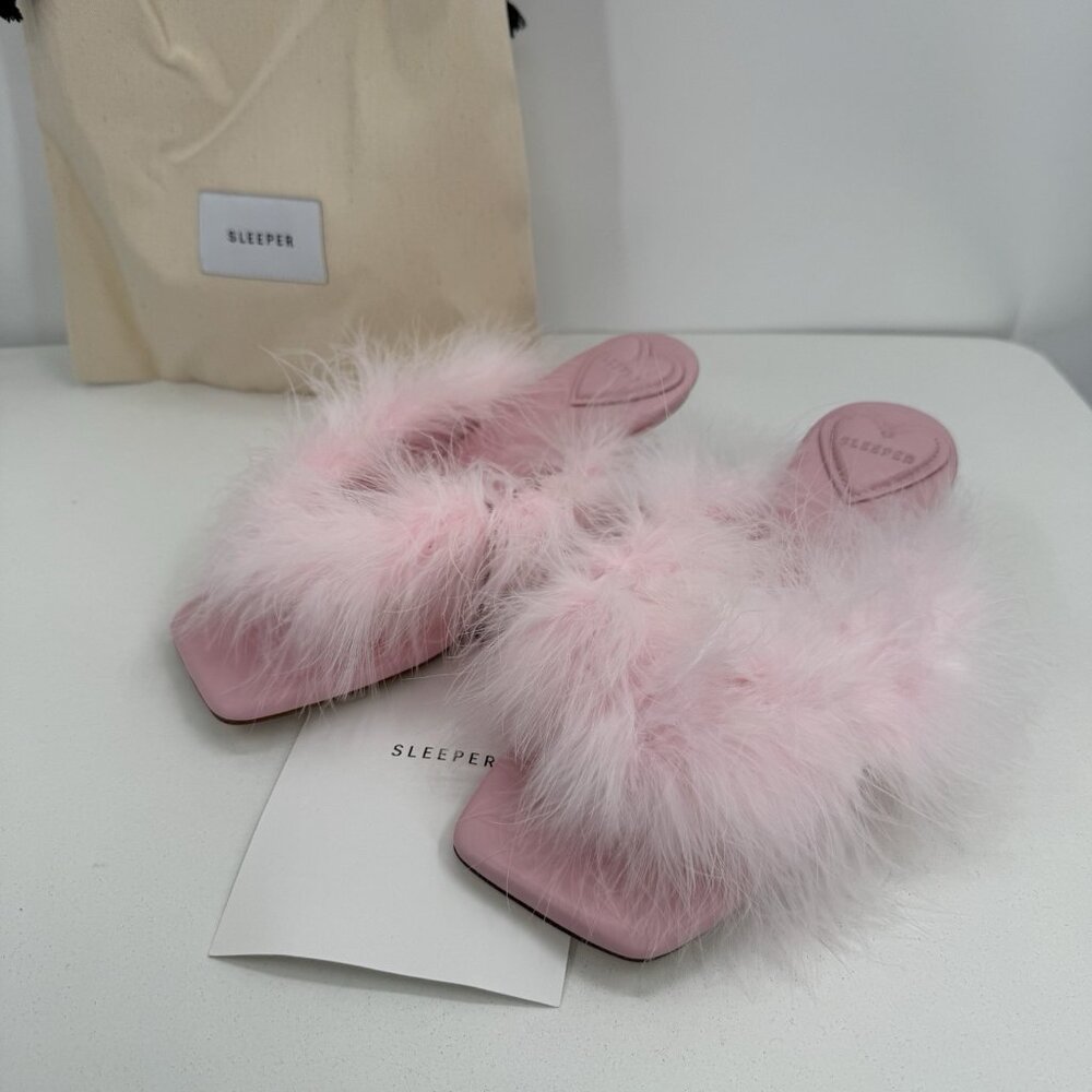 Sleeper Pom Kitten Heel Mules With Feathers in Pink sz 36 EU / US 6 Women's